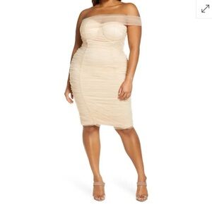 Lavish Alice Nude Off-Shoulder Ruched Mini Dress